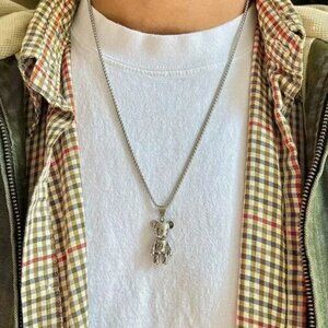 y2k grunge chrome silver bear peace pendant necklace